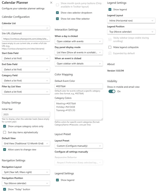 JFDI Calendar Planner web part properties pane