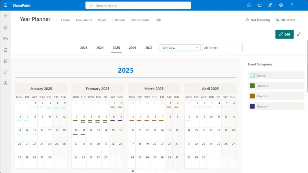 Calendar Planner web part Grid View