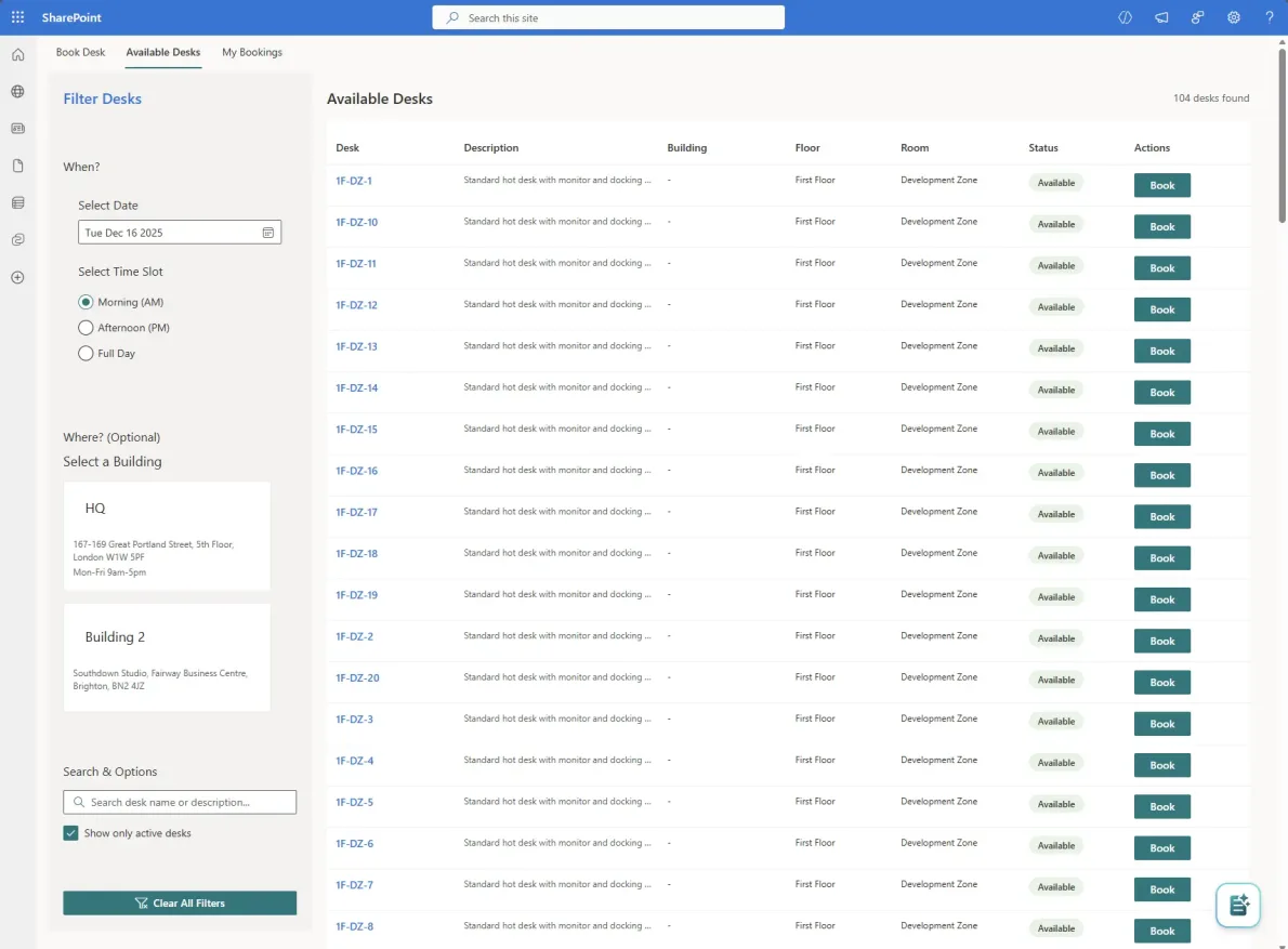 Booking Planner - Available Desks list view