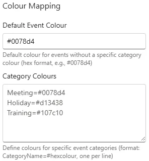 Calendar Planner web part properties pane - defining the category colours