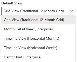 Calendar Planner web part properties pane - selecting the default view