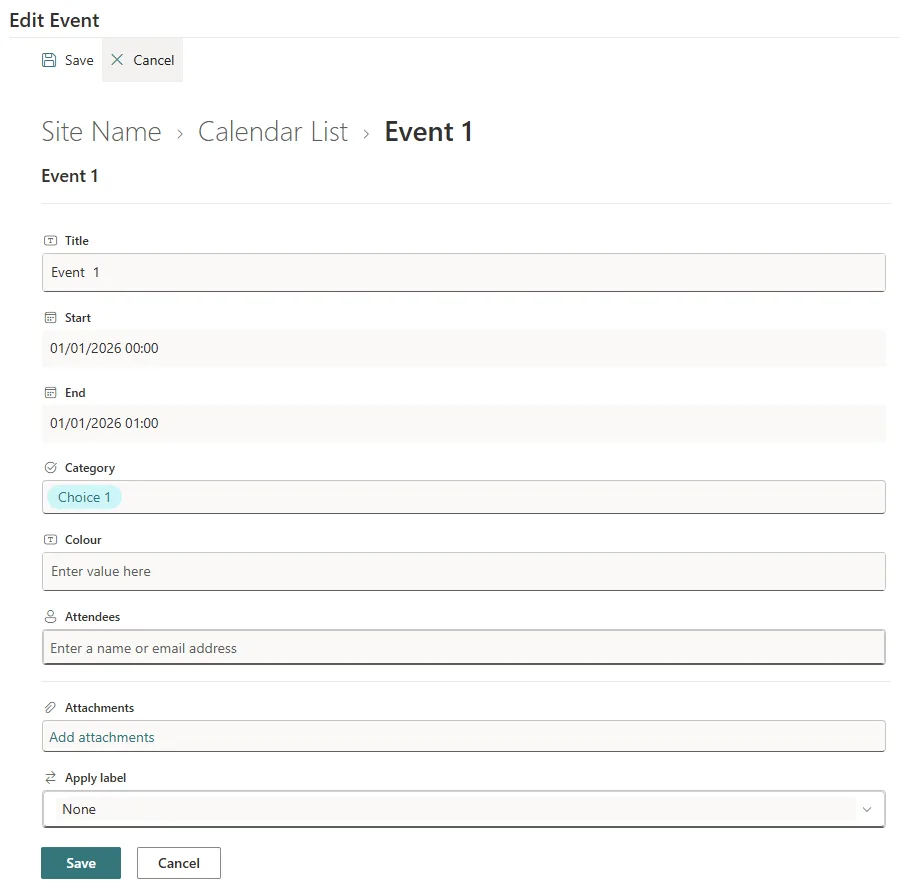 Calendar Planner web part properties pane - Edit Event