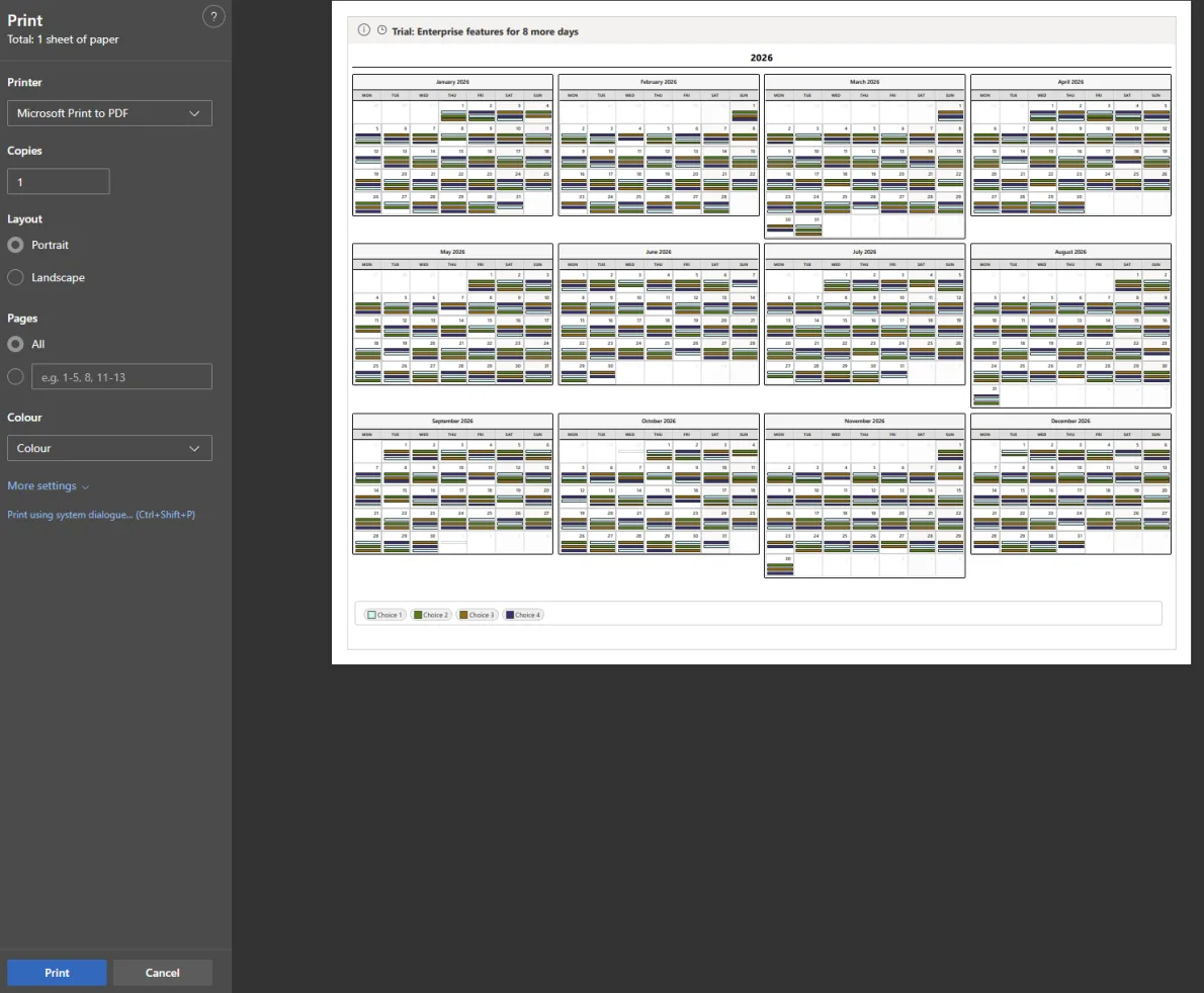 Calendar Planner web part properties pane - View Print Layouts and PDF