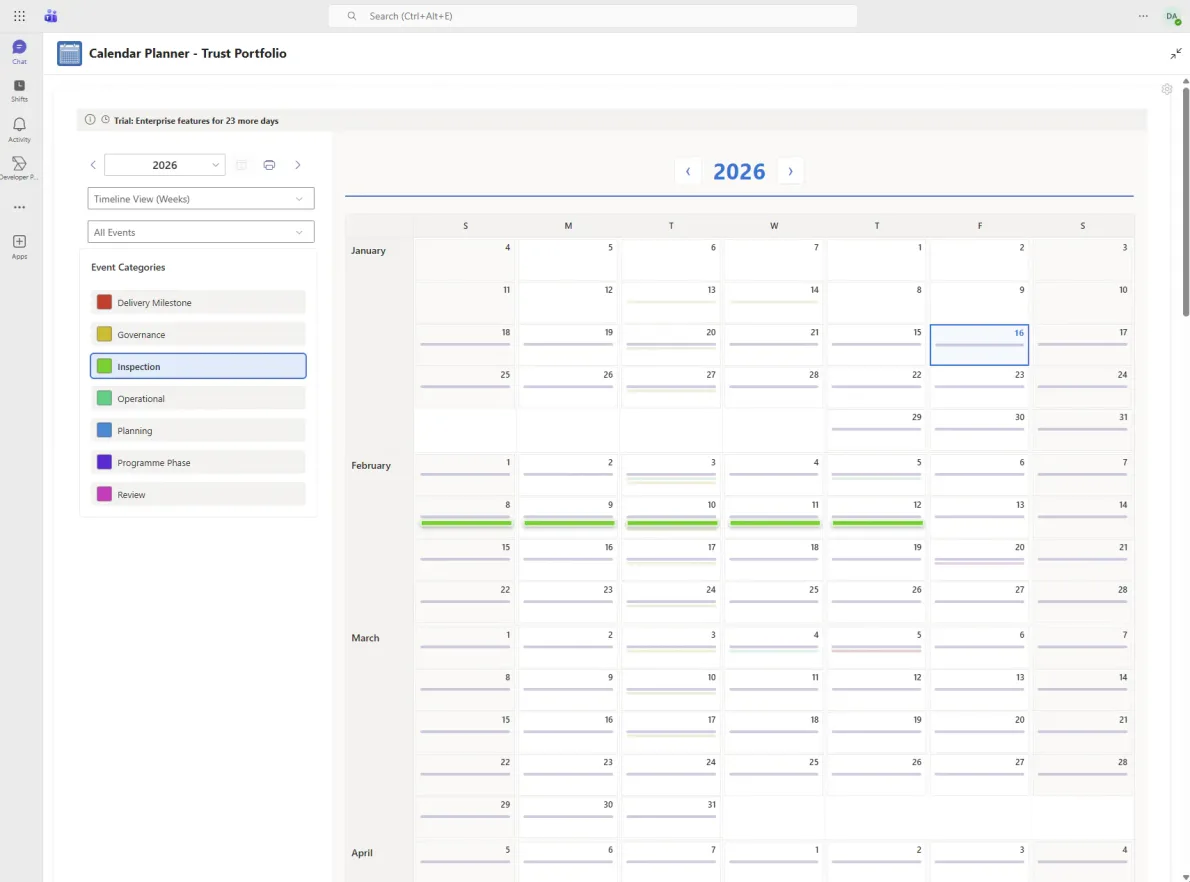Timeline view weeks with colorful labels - standard tier feature